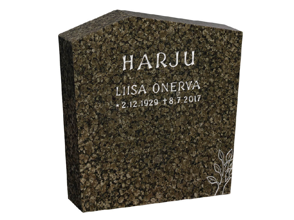 Tummanvihreä-mustatäpläinen hautakivi, jossa on hopeaväriset tekstit ja alakulmassa puukoriste. Hautauspalvelu Kaiho - Hautakivet